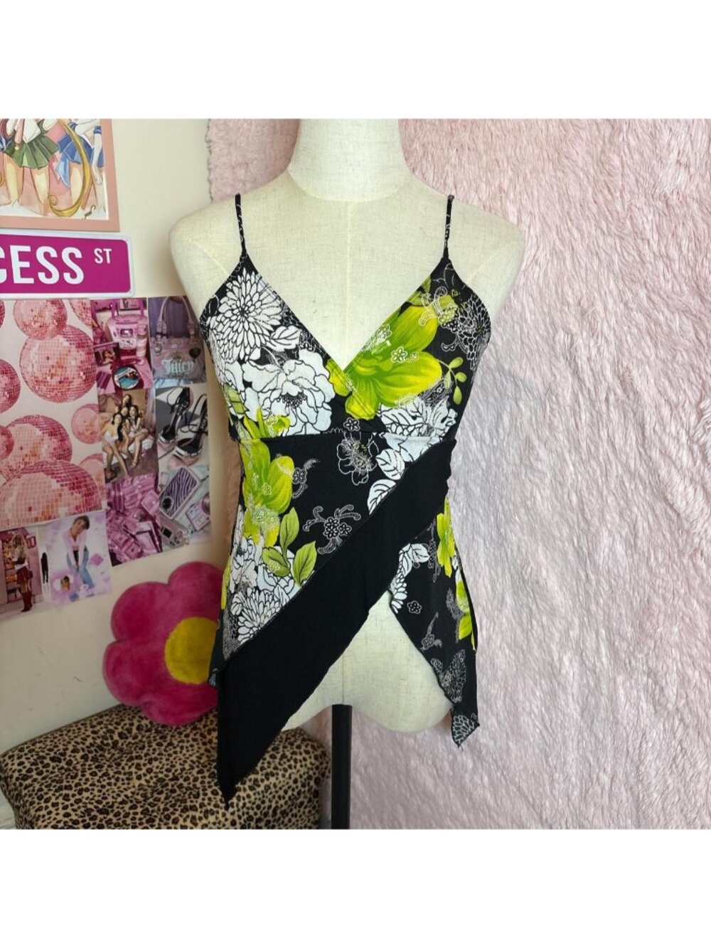 Kiwi Y2K black, white &amp; green floral asymmetrical cami top